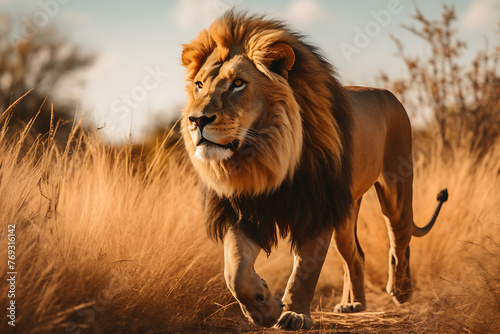 A regal lion strides confidently across the savanna  golden light casting a majestic glow on its mane