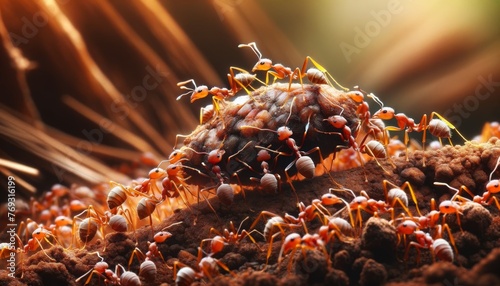 A close-up image showing a group of ants carrying a large food item back to their nest. photo