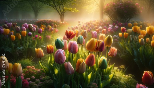 A medium shot of a cluster of mixed-color tulips bending slightly in a gentle spring breeze. photo