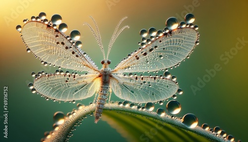 A close-up image capturing morning dew clinging to the delicate and translucent wings of a lacewing insect. photo