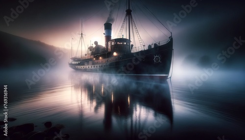 A vintage steamer ship moored in a tranquil harbor enveloped in early morning mist. photo