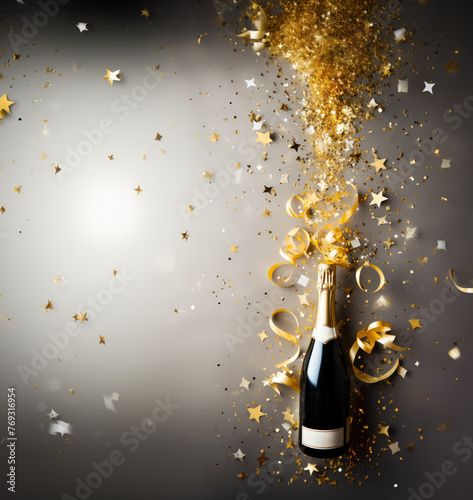 a bottle of champagne with confetti and ribbons spraying out of it