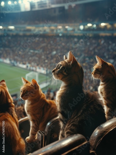 As the stadium fills with feline spectators, each cat eagerly awaits the kickoff of the soccer match