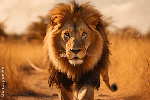 A regal lion strides confidently across the savanna, golden light casting a majestic glow on its mane