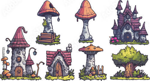 Vector set of 7 cartoon witch, forest elf or wood goblin houses. Collection of stone castle, mushroom homes, tree building isolated on white background.