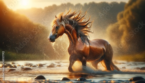 A majestic horse shaking off water after emerging from a river.