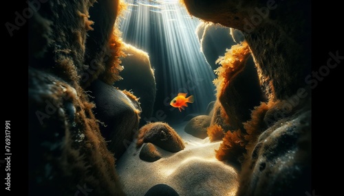 A detailed, high-focus image showcasing a small, vibrant orange fish visible through a gap in dark, underwater rocks.