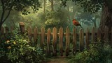 Forest with wood fence and bird