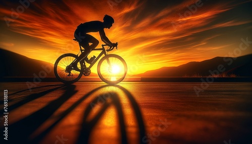 The scene depicts a cyclist in silhouette against a vivid orange sunset.