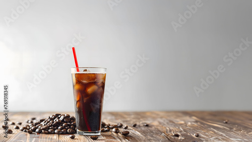 A tall glass filled with a americano coffee , with ice cubes, isolated on cement wall background, Ai generative.