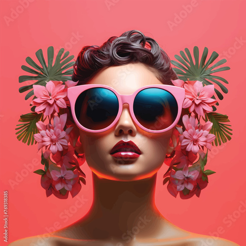 A fashion model woman with sunglasses and stylish hair poses for a summer portrait on pink and flower background.