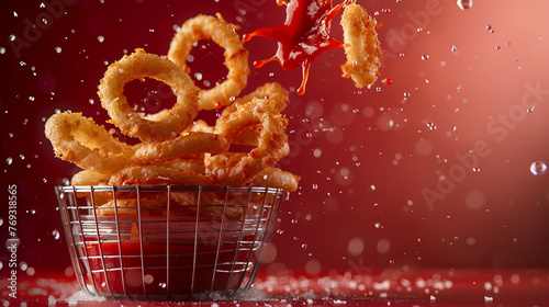 Striking capture of onion rings in mid-flight with dynamic ketchup splash on a rich red scene photo