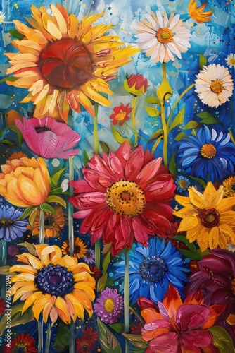 oil painting shows blooming flowers, the rough canvas texture resembles the strokes of a palette knife