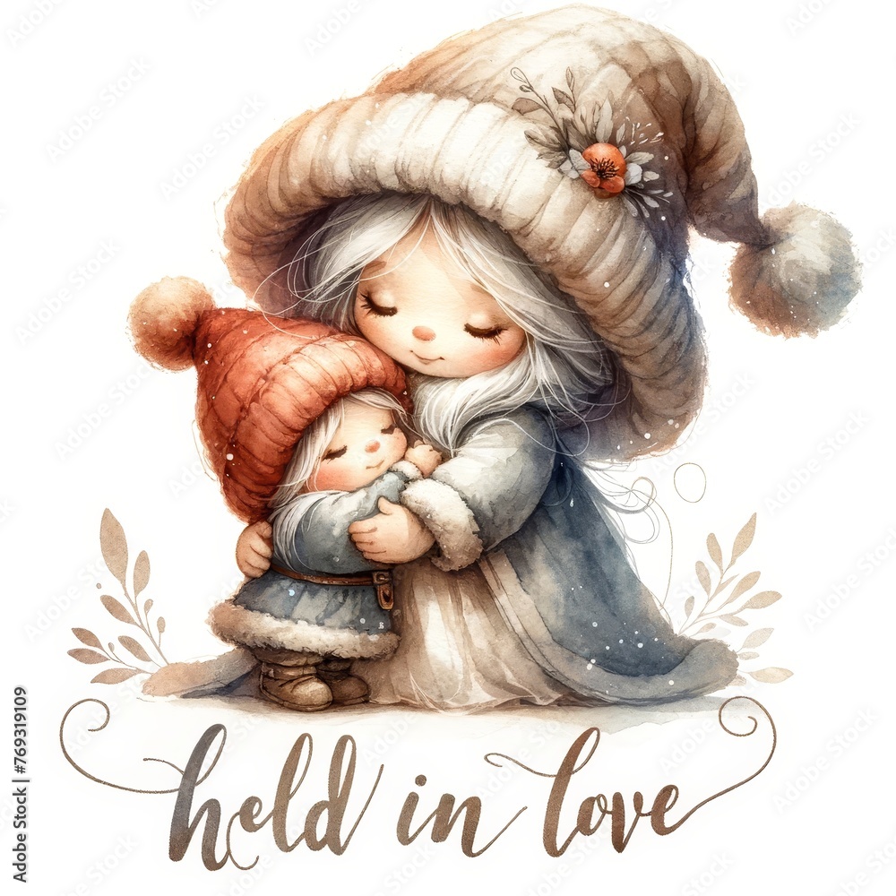 Fototapeta premium An endearing illustration of a mother gnome embracing her child, with 
