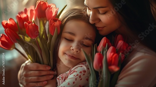 Grateful latin foster mum stepmother embrace little adopted daughter get greeting on Women Day take tulips present. Excited adult sister thank younger one for birthday gift. #769319104