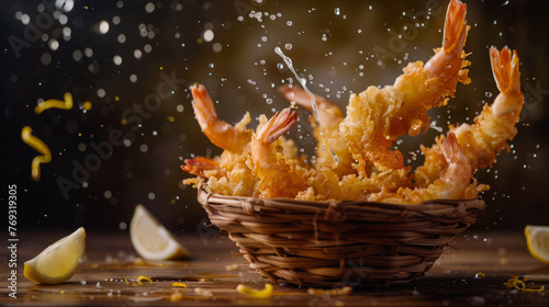 Breaded shrimps with herb seasoning ejected from a basket with dynamic splashes and rustic atmosphere photo