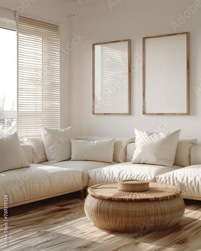Mockup Frame Enhancing Coastal Interior Background in Light Pastel Tones. Presented in 3D Render. Made with Generative AI Technology