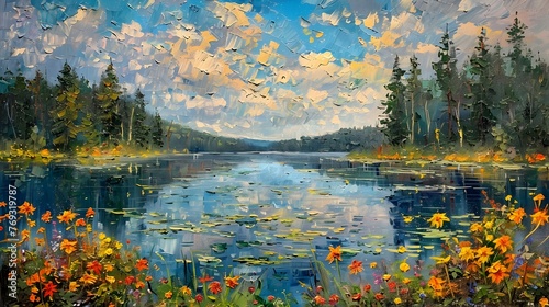 Tranquil Autumn Lake Landscape in Impasto Oil Painting Style with Vibrant Foliage and Reflection