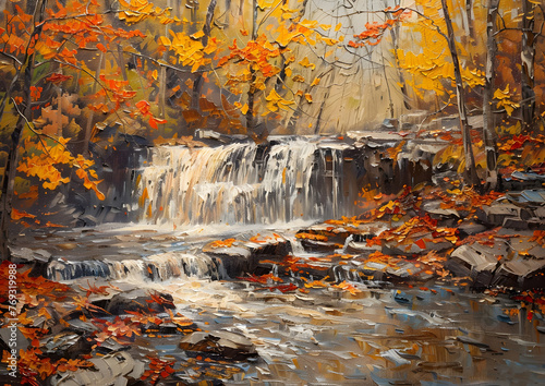 Captivating Autumn Waterfall Landscape with Vibrant Foliage and Flowing Stream in Modernist Painting Style photo