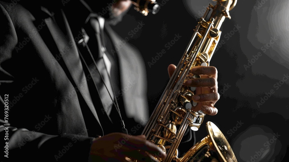 Fototapeta premium A man is playing a saxophone in a black suit