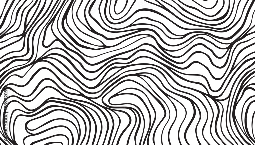 Abstract black and white hand drawn wavy line drawing seamless pattern on white background