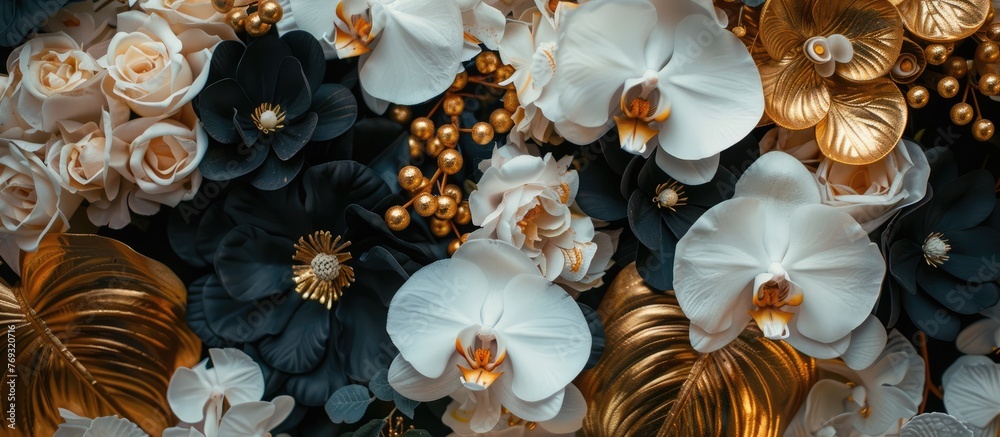 Luxurious flower arrangement with gold, black, and white colors for wedding and interior design. Luxurious flower arrangement with gold, black, and white colors for wedding and interior design.