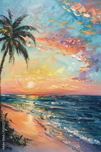 This spring-summer oil painting shows a beach scene and coconut trees, the rough canvas texture resembles the strokes of a palette knife 