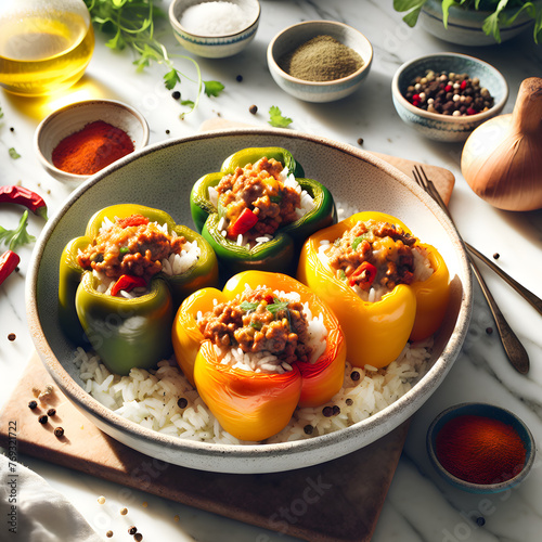 Punjene Paprike Stuffed Peppers on Marble Countertop photo