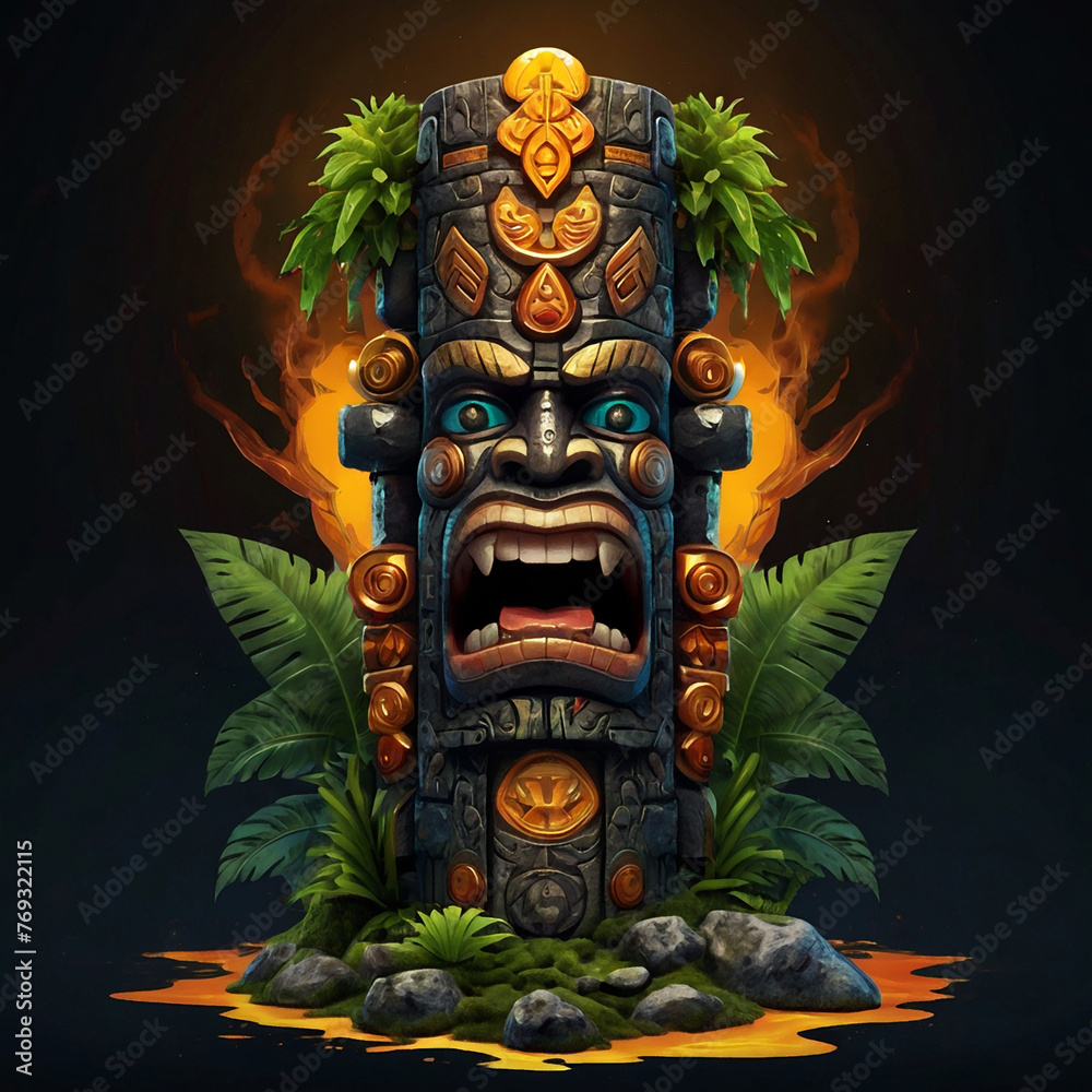 Ancient cartoon totem character illustration on black backround Ancient cartoon totem character illustration on black backround