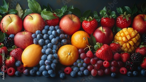 a realistic photo of several fruits all together  of the most varied types and colors