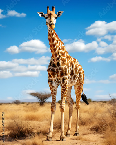 A stately giraffe stands tall amidst the arid landscape of the African savannah under the clear blue sky