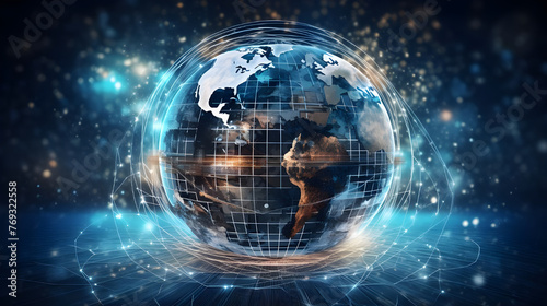  digital world, centered on America, enables global connectivity, high-speed data transfer, cyber technology, information exchange, and international communication.