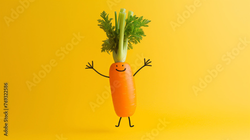 An anthropomorphic carrot with raised arms and a smile, against a solid yellow background, conveys joy and health.