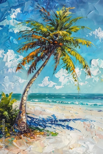 oil painting shows a beach scene and coconut trees  the rough canvas texture resembles the strokes of a palette knife 