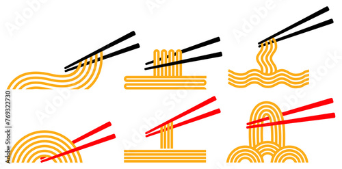 Set vector noodles with chopstick icon logo. ramen spaghetti symbol design illustration