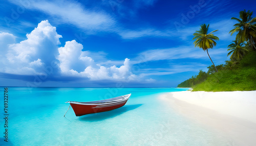 landscape with blue sky and ocean, white sands, crystal clear water, boat on the beach, Wall Art for Home Decor, Wallpaper and Background for Mobile Cell Phone, Smartphone, Cellphone, desktop, laptop
