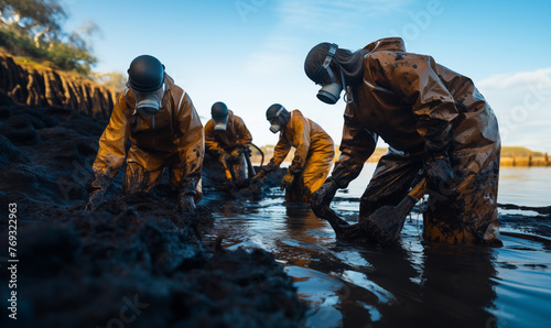 Volunteers wear masks and use shovels and plain cloth to remove black oil from the coast contaminated by oil from a ship's oil spill. Concept shot of environmental pollution and air pollution.