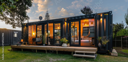 A sleek black tiny house with large windows and wooden accents, set in an open field at sunset.