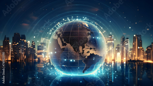  digital world, centered on America, enables global connectivity, high-speed data transfer, cyber technology, information exchange, and international communication. © Emongrapic