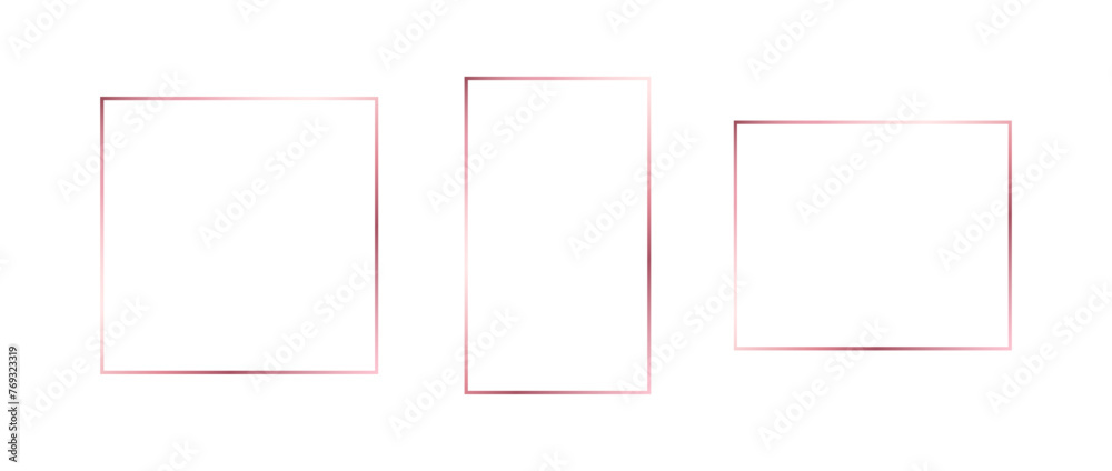 Rose gold thin frame set. Pink gold geometric borders in art deco style. Thin linear square and rectangle collection. Blush glowing shiny boarder element pack. Vector bundle for photo, cadre, decor