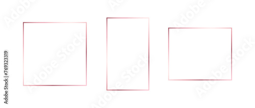 Rose gold thin frame set. Pink gold geometric borders in art deco style. Thin linear square and rectangle collection. Blush glowing shiny boarder element pack. Vector bundle for photo, cadre, decor