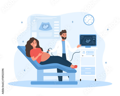 Ultrasound pregnancy screening concept. Male doctor doing fetus screening to future mother. Young girl with belly looking in monitor. Embryo health diagnostic. Cartoon vector illustration.