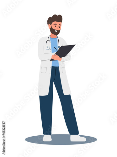 Doctor writing medical prescription. Man in uniform holding clipboard with recipe for patient. Healthcare, treatment and pharmacy concept. Vector illustration in flat cartoon style.