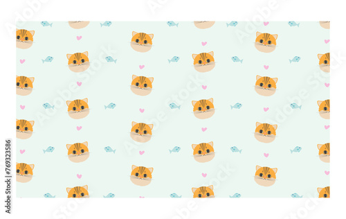 Vector ginger cat and fish on background seamless pattern.