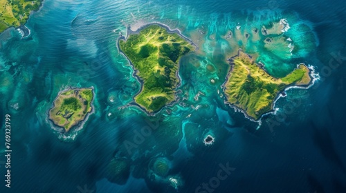 A birds eye view of an island surrounded by the vast ocean, showcasing the lush greenery, sandy beaches, and crystal clear waters.