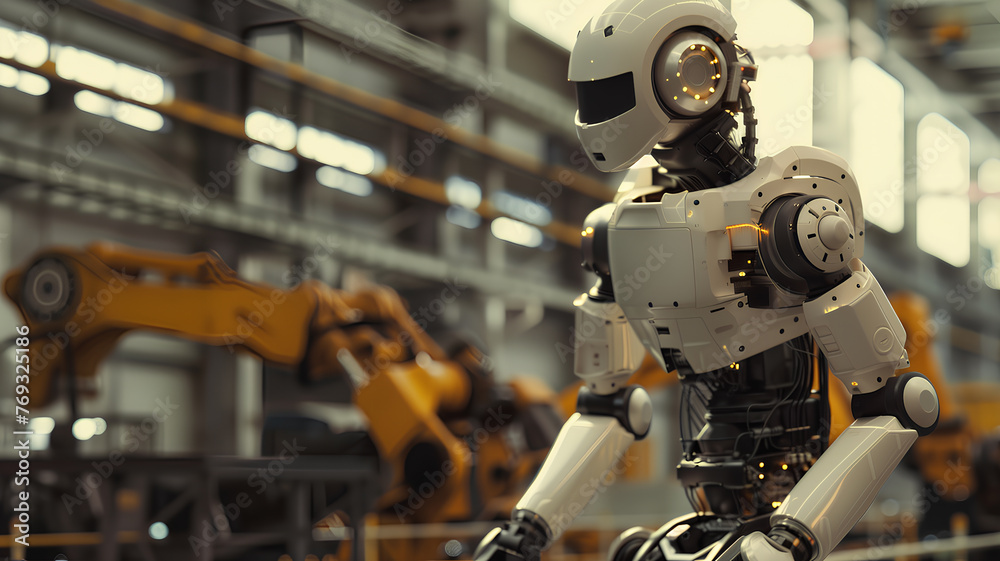 Autonomous Robot Navigating a Manufacturing Plant
. An autonomous robot with a humanoid design navigates through a manufacturing plant, surrounded by industrial robotic arms.

