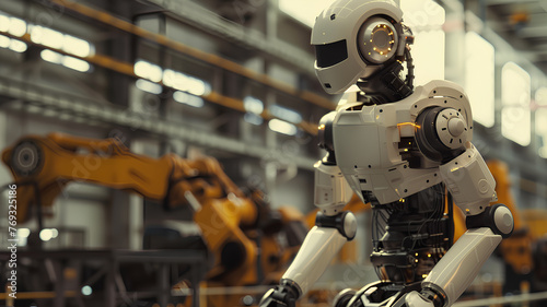 Autonomous Robot Navigating a Manufacturing Plant . An autonomous robot with a humanoid design navigates through a manufacturing plant, surrounded by industrial robotic arms. 