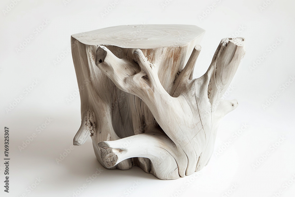  A coastal-inspired side table crafted from bleached driftwood, its organic shapes and textures bringing a sense of seaside serenity to any space. 
 - obrazy, fototapety, plakaty 