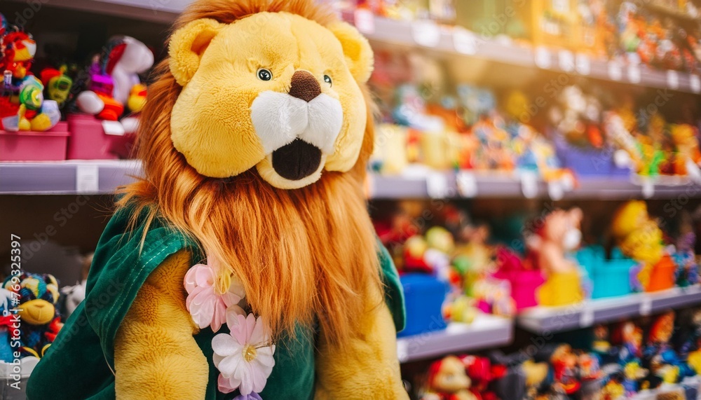 stuffed lion toy in the front a toy store. Soft, plush. Bright, colorful toys fill the shelves in the background, Ai Generate 