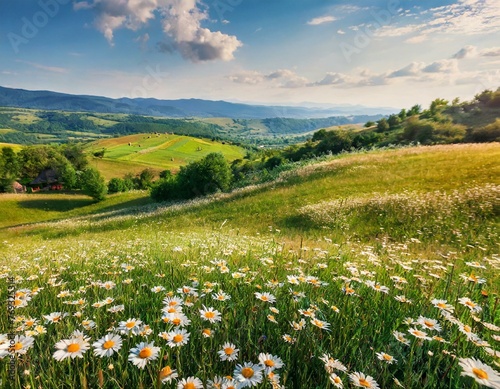 Beautiful spring and summer natural panoramic pastoral landscape with blooming field of daisies in the grass in the hilly countryside, Ai Generate